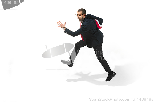 Image of Businessman running with a folder on white background