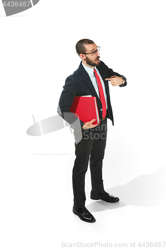 Image of Portrait of businessman pointing at himself isolated on white background studio with copy space