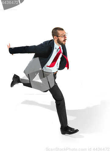 Image of Businessman running with a folder on white background