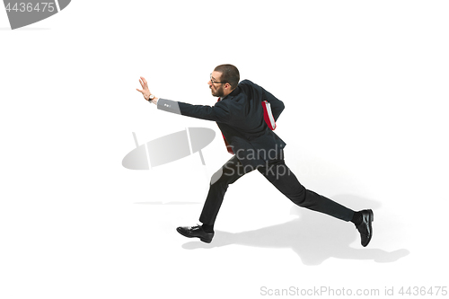 Image of Businessman running with a folder on white background