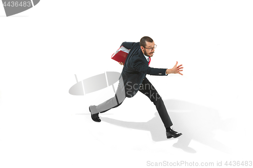 Image of Businessman running with a folder on white background