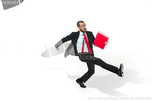 Image of Businessman running with a folder on white background