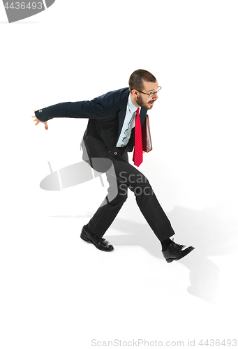 Image of Businessman running with a folder on white background