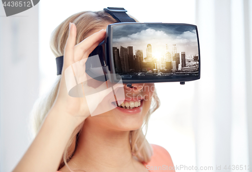 Image of woman in virtual reality headset or 3d glasses