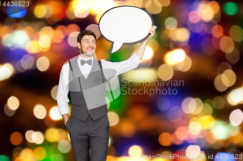 Image of man with blank text bubble banner over lights 