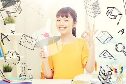 Image of happy asian woman student with diploma at home