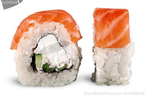 Image of Two pieces of sushi roll of Philadelphia