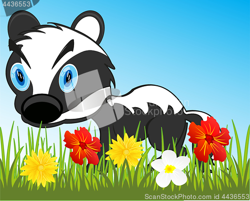 Image of Wildlife badger on year glade with flower