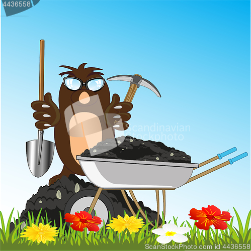 Image of Cartoon of the mole loading wheelbarrow with land on year glade