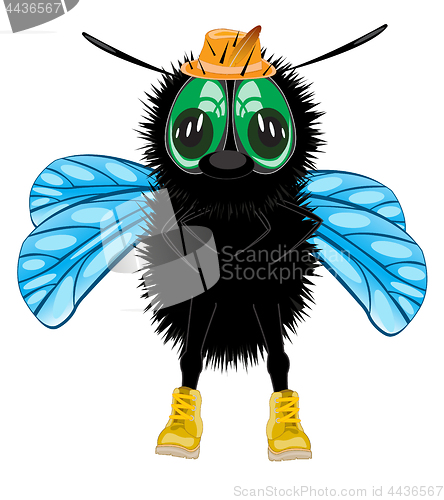 Image of Cartoon insect fly in hat and shoe on white background