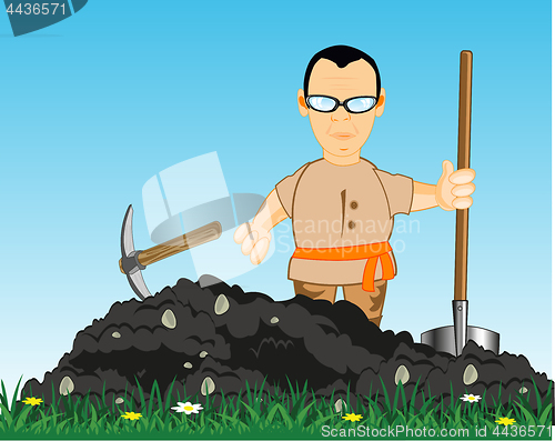 Image of Worker digs land with shovel and pickax