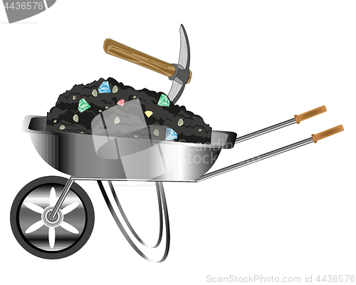 Image of Wheelbarrow loaded by sort with jewels and pickax