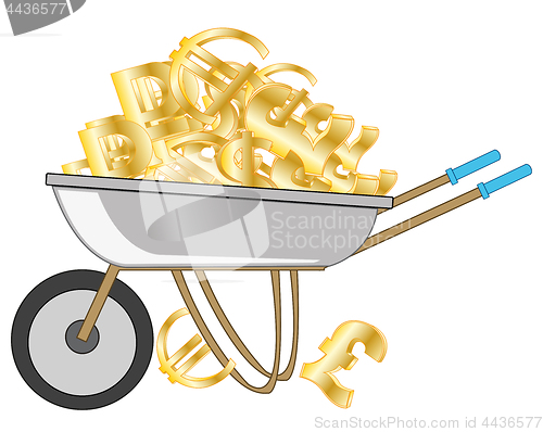 Image of Wheelbarrow loaded money sign varied topple on white