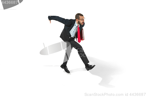 Image of Businessman running with a folder on white background