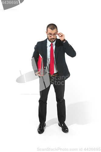 Image of Full body portrait of businessman with folder on white