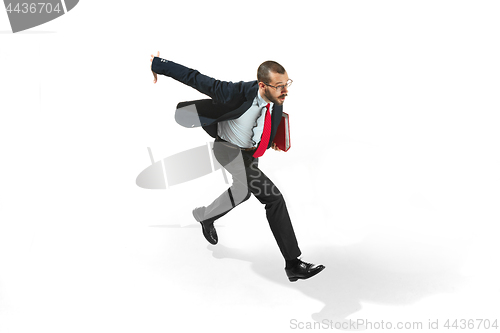 Image of Businessman running with a folder on white background