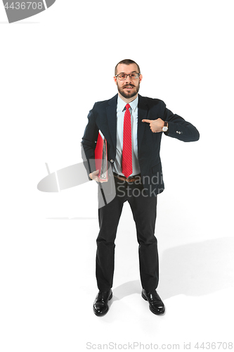 Image of Portrait of businessman pointing at himself isolated on white background studio with copy space