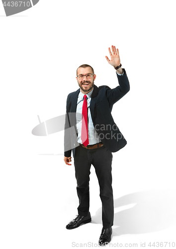 Image of Choose me. Full body view of businessman on white studio background