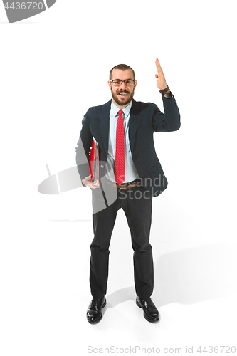 Image of Choose me. Full body view of businessman with red folder on white studio background