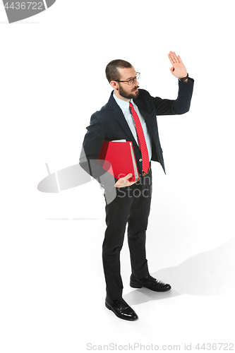 Image of Choose me. Full body view of businessman with red folder on white studio background