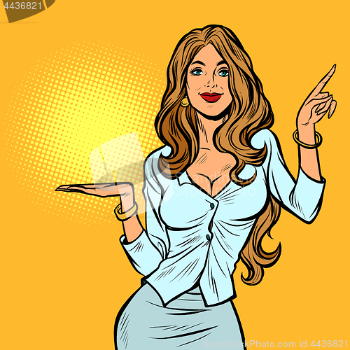 Image of beautiful woman presents gesture