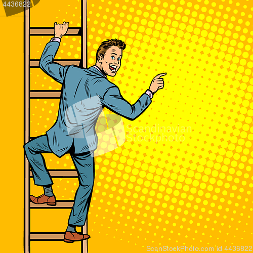 Image of businessman climbs stairs, man points to copy space