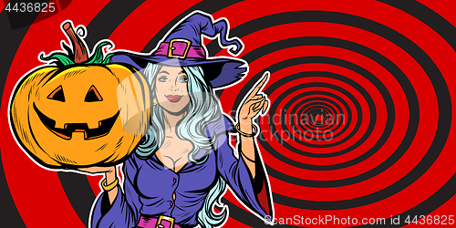 Image of witch with Halloween pumpkin. Announce Party