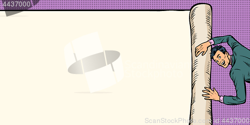 Image of man unfolds folds paper background copy space