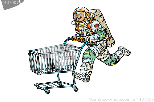 Image of Astronaut in the store with a shopping cart. Isolate on white ba