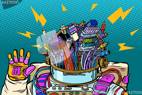 Image of chaos of adapter cables, cyber astronaut from the future