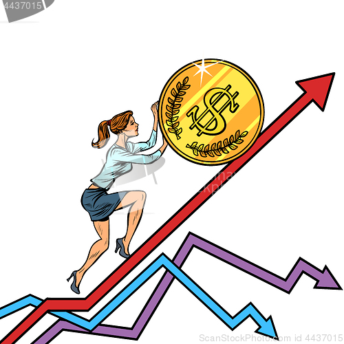 Image of woman businesswoman roll a USA dollar coin up