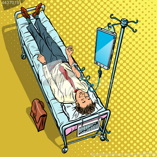 Image of Dependency on gadgets concept. Man under medical dropper