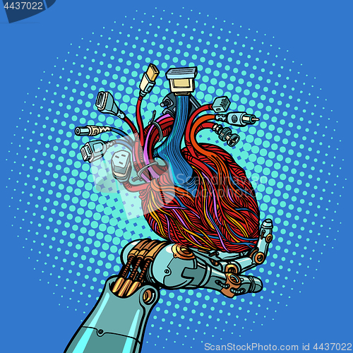 Image of cyber heart in robot hand