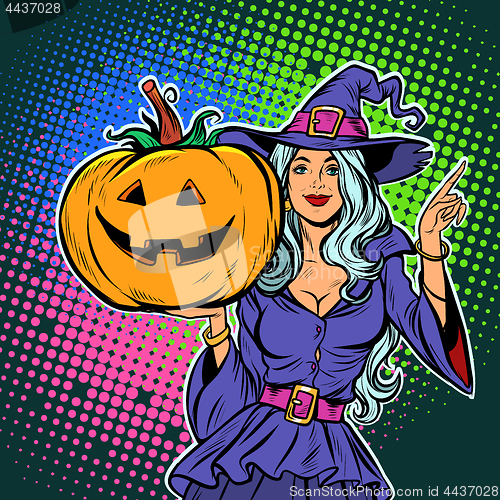 Image of witch with pumpkin. Halloween Party