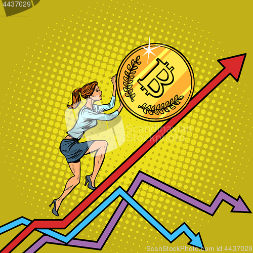 Image of woman businesswoman roll a bitcoin coin up