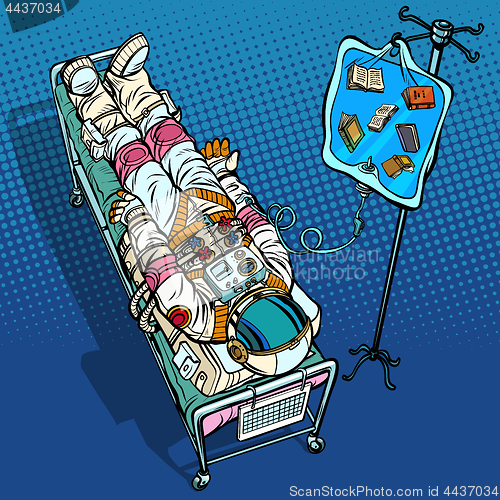 Image of Books, science and knowledge. Cosmonaut under medical dropper