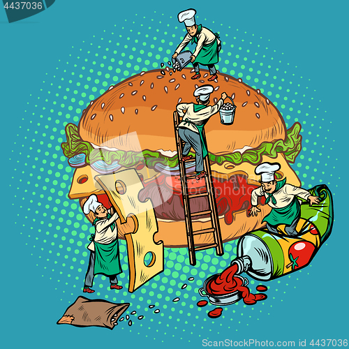 Image of cooking burger, mini chefs gather ingredients
