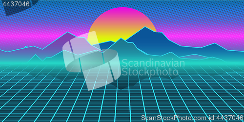 Image of Cyberpunk retro computer background. Mountains, plain and sun