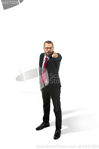 Image of Full body portrait of happy businessman pointing to camera on white