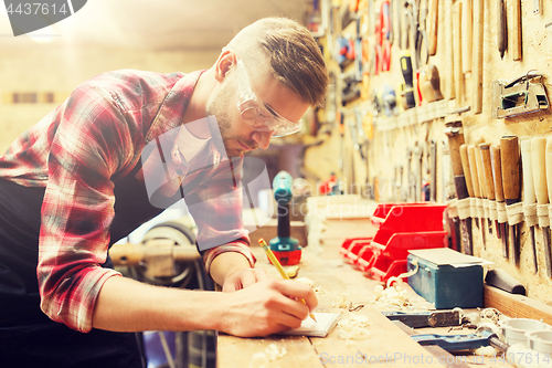 Image of carpenter writing to notebook at workshop