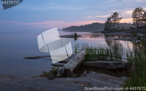 Image of Summer Northern Night Over The Rocky Islands In The Lake