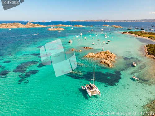 Image of Drone aerial view of catamaran sailing boat in Maddalena Archipelago, Sardinia, Italy.