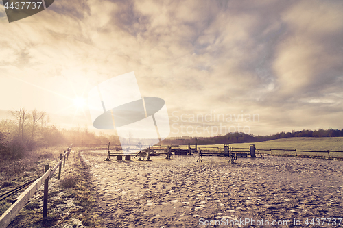 Image of Horse equestrian course in the morning sunrise