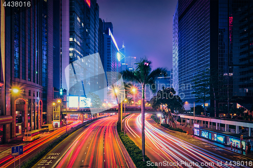 Image of Street traffic in Hong Kong at night