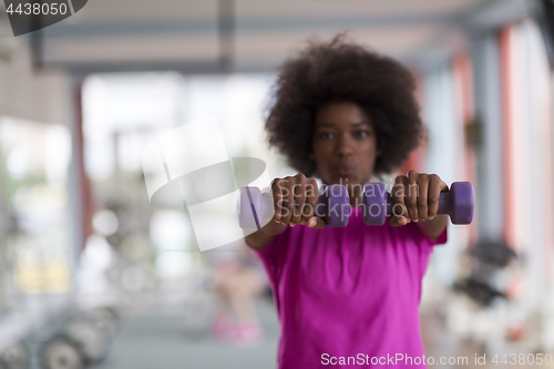 Image of woman working out in a crossfit gym with dumbbells