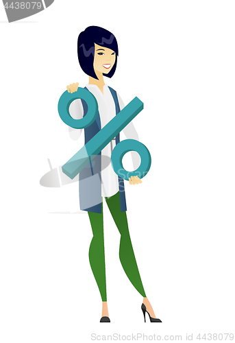 Image of Smiling business woman holding percent sign.
