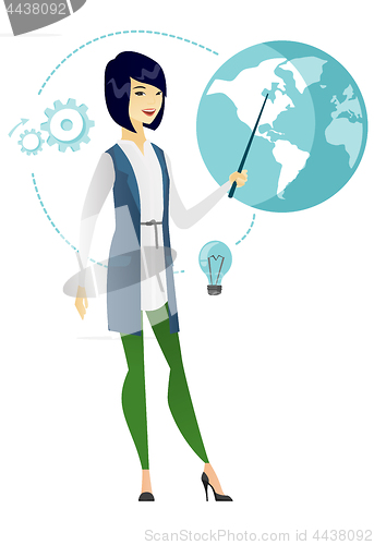 Image of Asian business woman pointing at a globe.