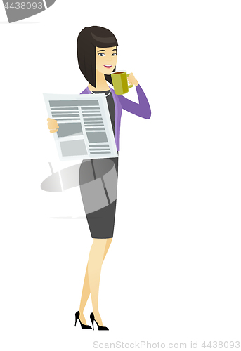 Image of Lady drinking coffee and reading news in newspaper