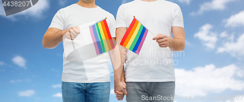 Image of male couple with gay pride flags holding hands