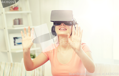 Image of woman in virtual reality headset or 3d glasses